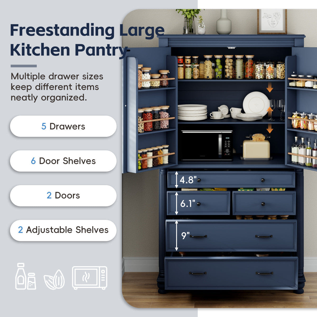 Blue Streamdale Freestanding Large Kitchen Pantry Tall Storage Cabinet, Blue