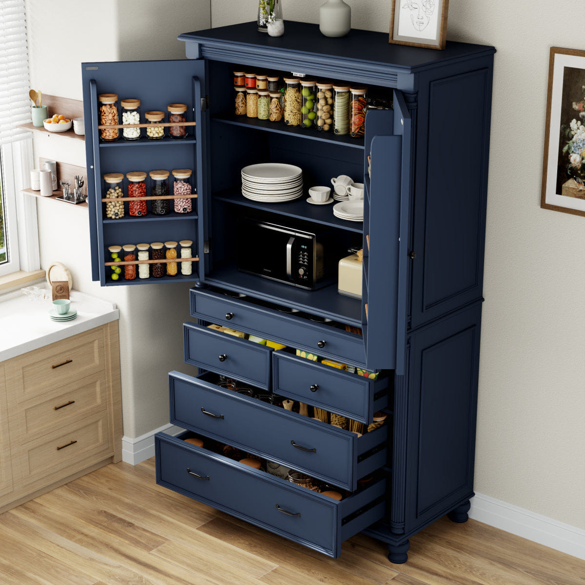 Blue Streamdale Freestanding Large Kitchen Pantry Tall Storage Cabinet, Blue