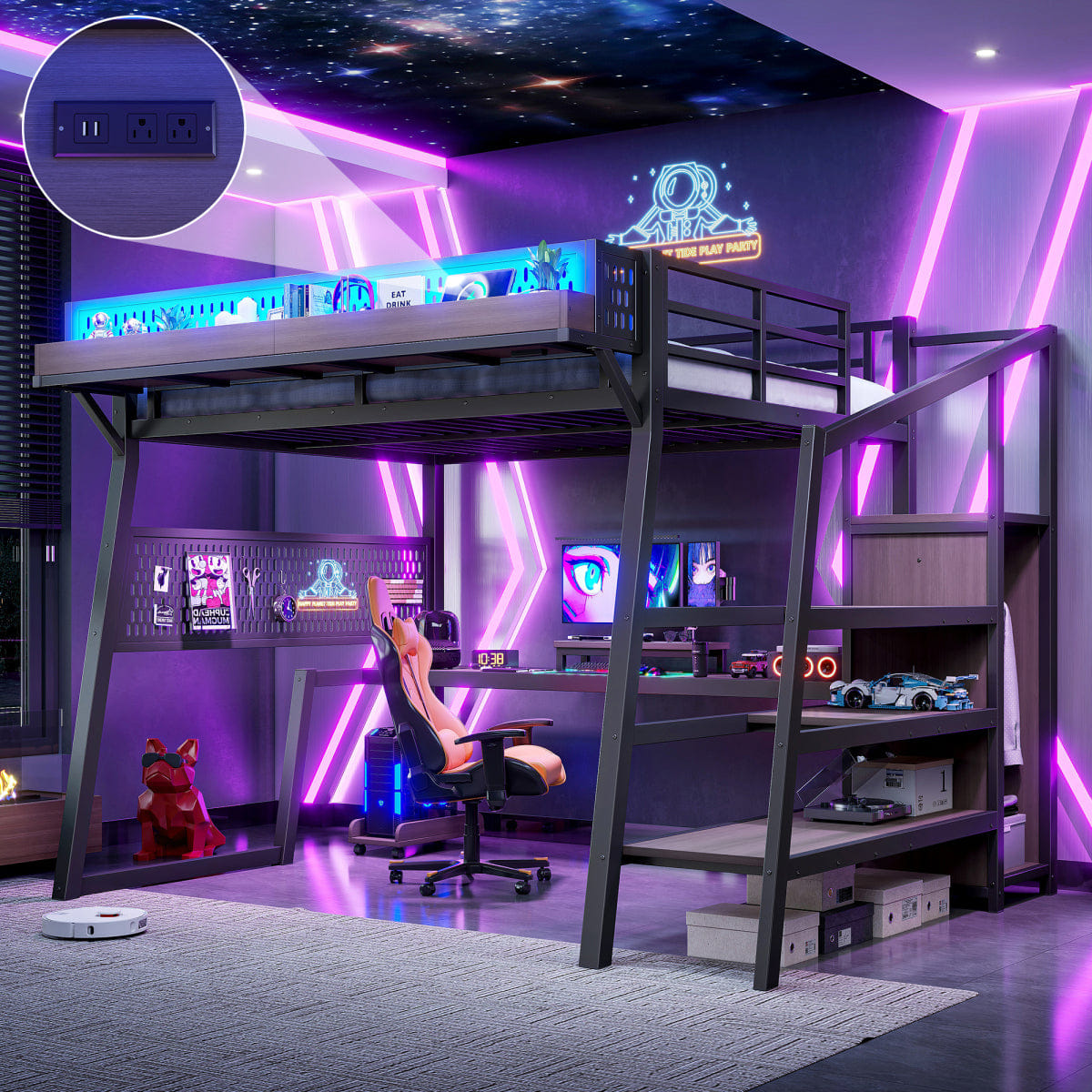 Loft Streamdale Full Metal Loft Bed with Wardrobe, Stairs, LED, and USB, Black