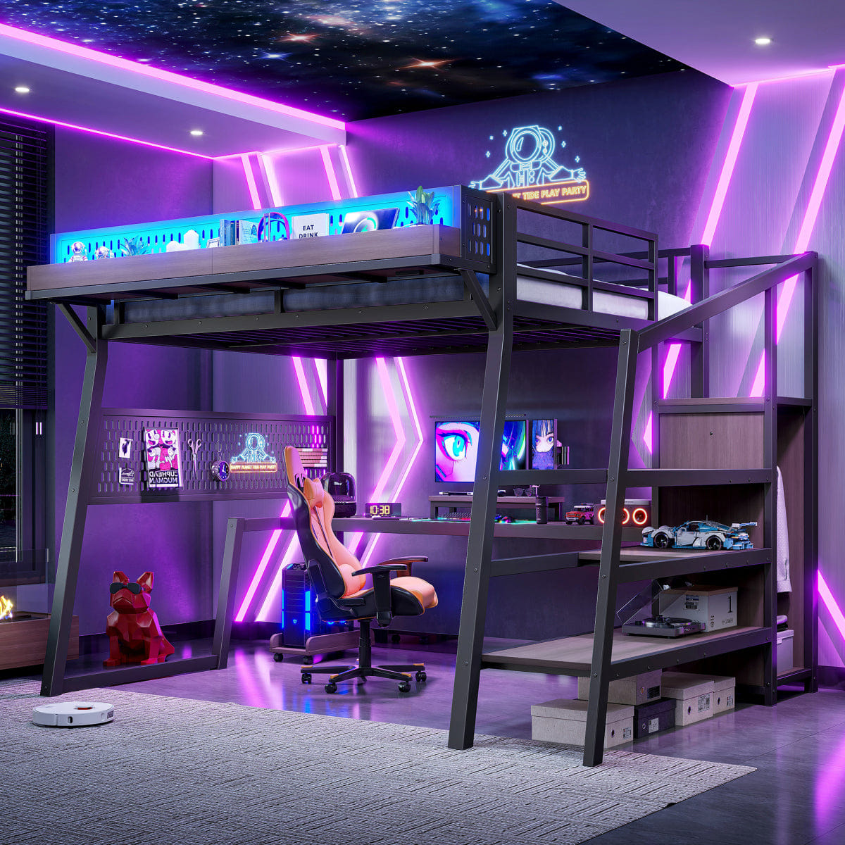 Loft Streamdale Full Metal Loft Bed with Wardrobe, Stairs, LED, and USB, Black