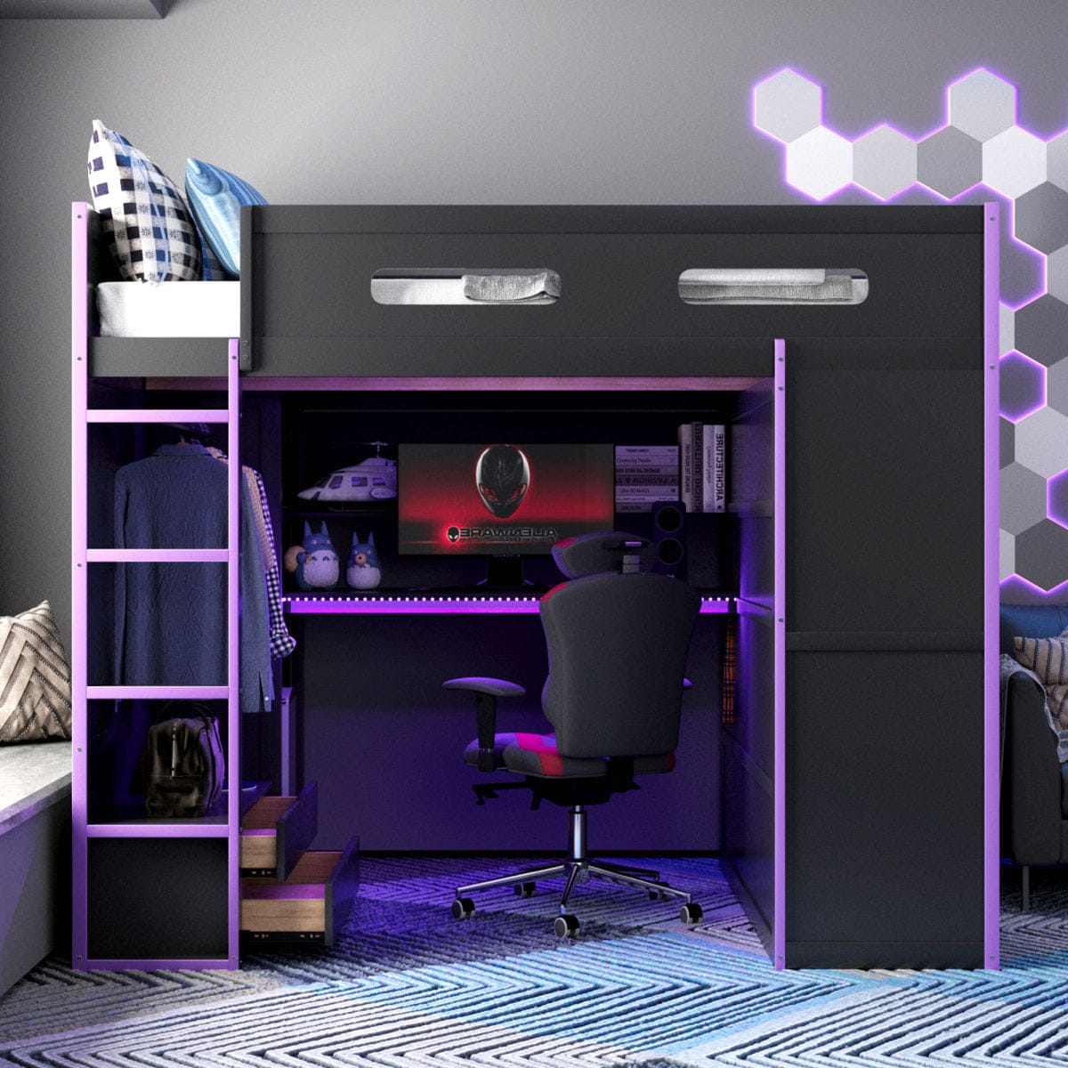 Purple Streamdale Full Wood Loft Bed with Desk, Wardrobe, Storage, and RGB Light, Purple