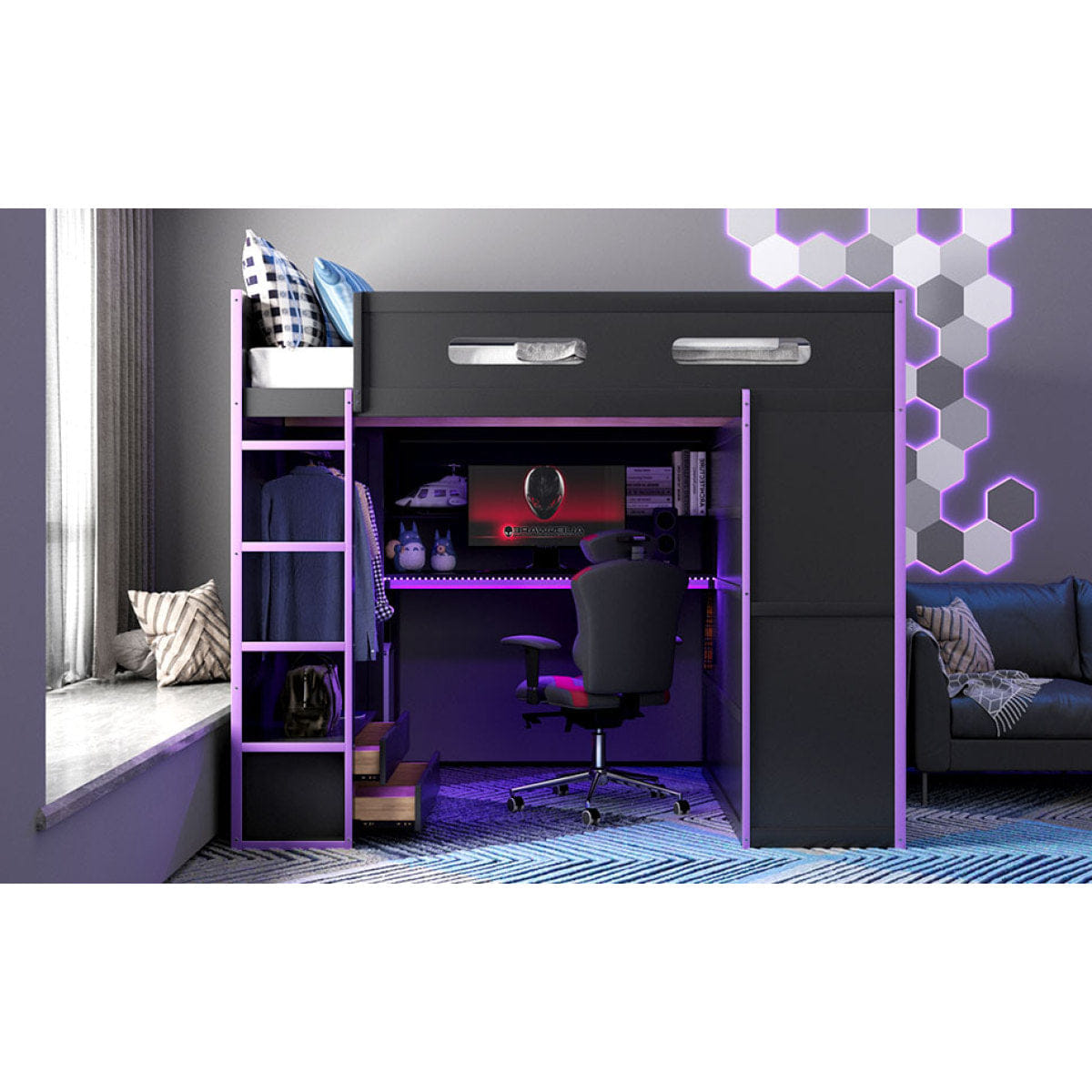 Purple Streamdale Full Wood Loft Bed with Desk, Wardrobe, Storage, and RGB Light, Purple
