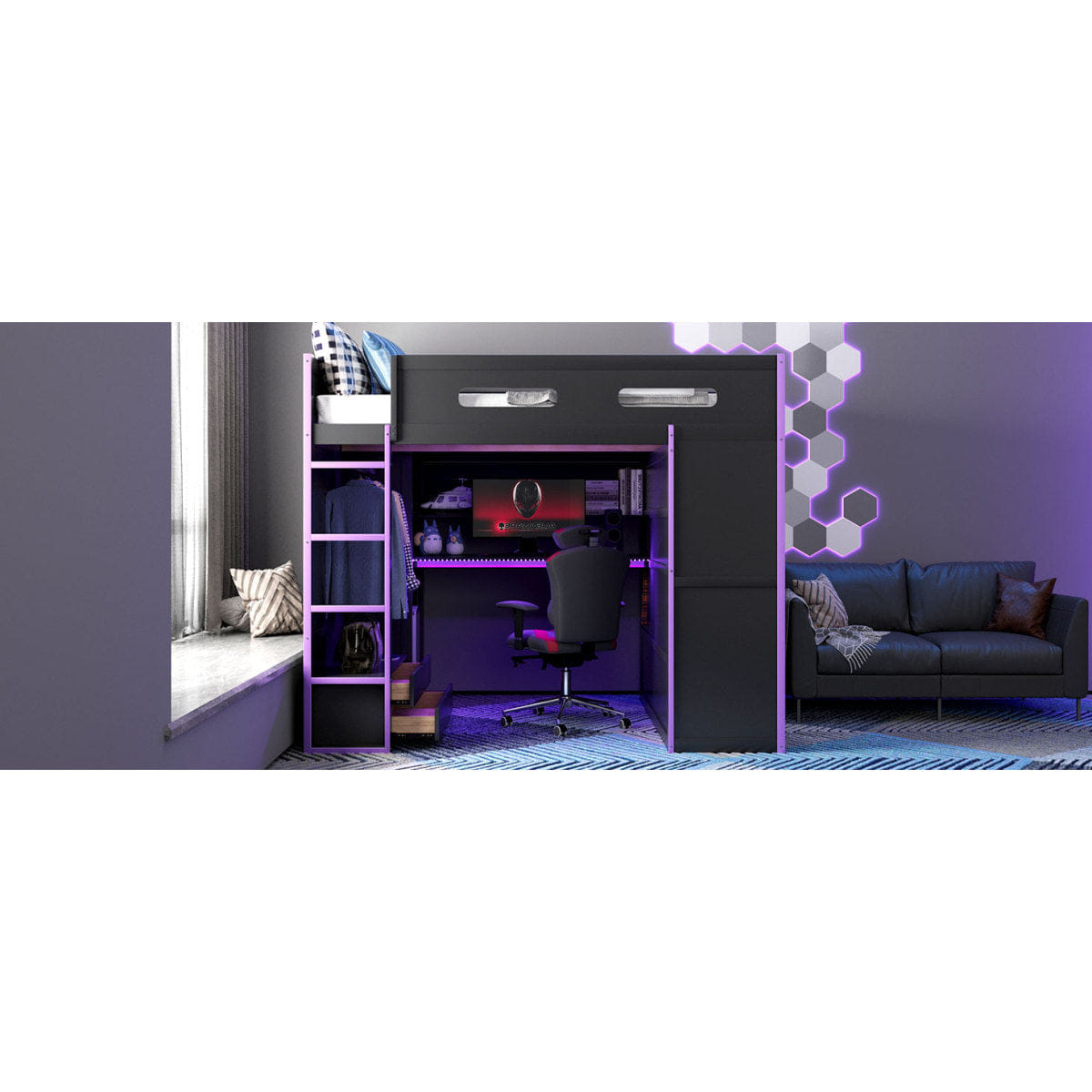 Purple Streamdale Full Wood Loft Bed with Desk, Wardrobe, Storage, and RGB Light, Purple