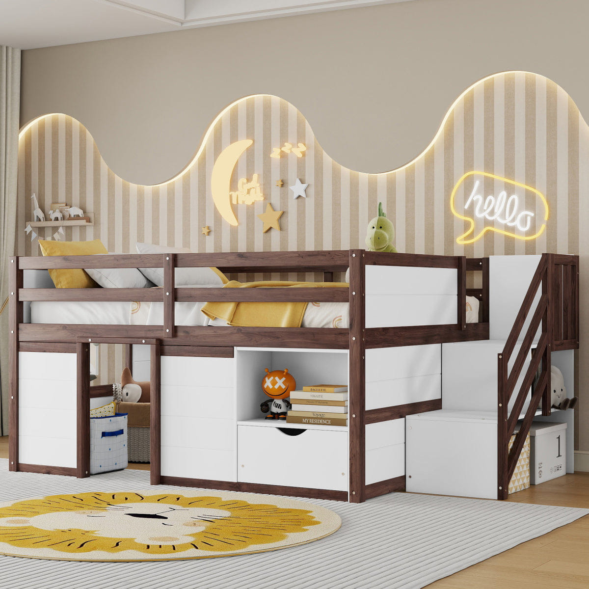 !SOLID Streamdale Solid Wood Full Low Loft Bed with Stairs, Storage & LED Lights, White/Walnut