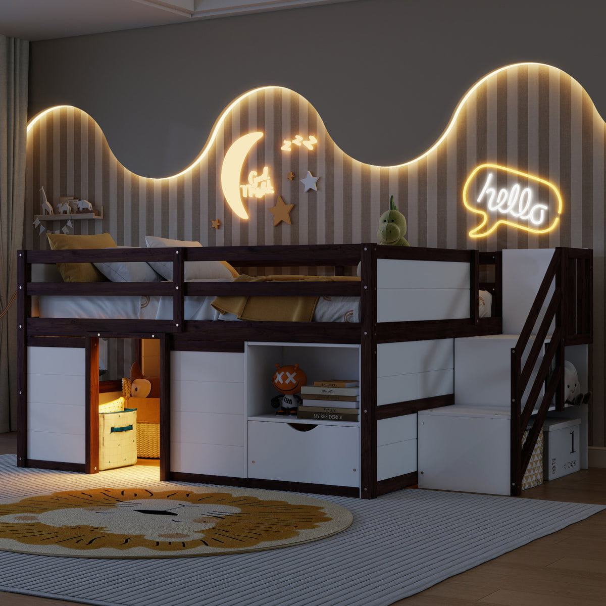 !SOLID Streamdale Solid Wood Full Low Loft Bed with Stairs, Storage & LED Lights, White/Walnut