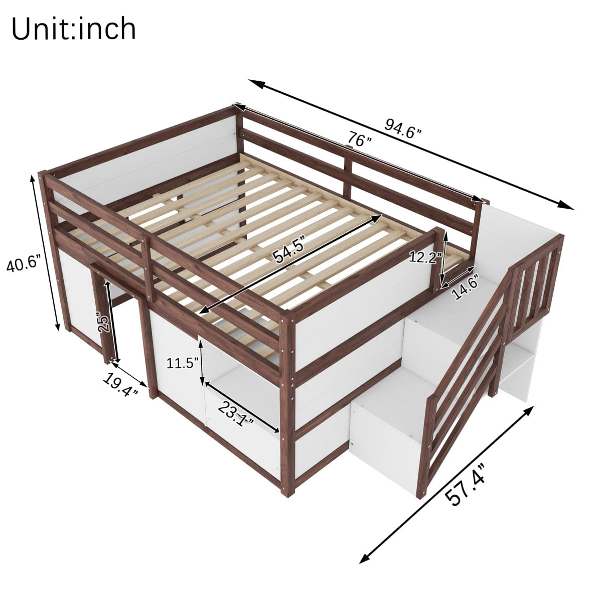 !SOLID Streamdale Solid Wood Full Low Loft Bed with Stairs, Storage & LED Lights, White/Walnut