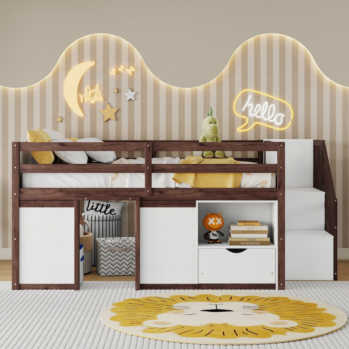 !SOLID Streamdale Solid Wood Full Low Loft Bed with Stairs, Storage & LED Lights, White/Walnut