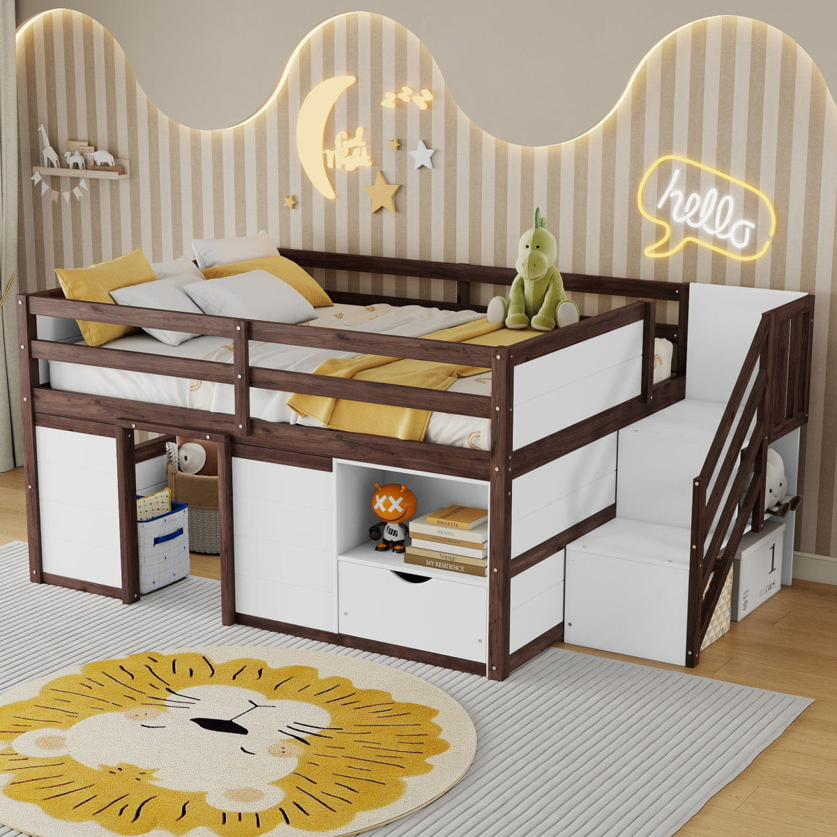 !SOLID Streamdale Solid Wood Full Low Loft Bed with Stairs, Storage & LED Lights, White/Walnut