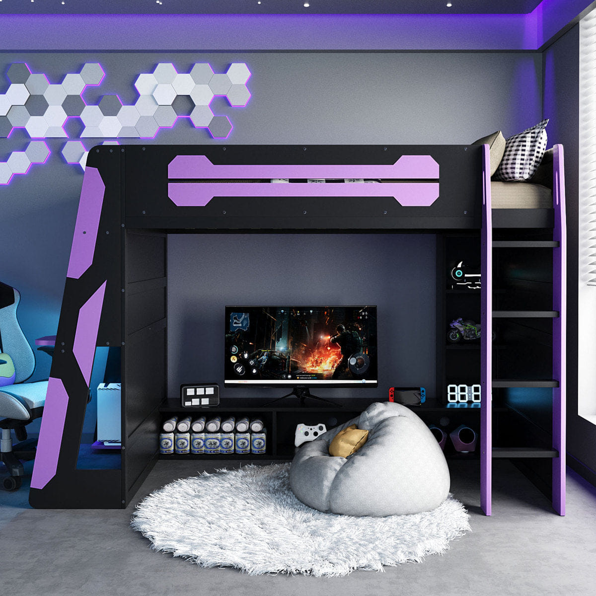 Purple Streamdale Twin Size Wood Loft Bed with Desk, Multi - storage Shelves and RGB Light, Purple