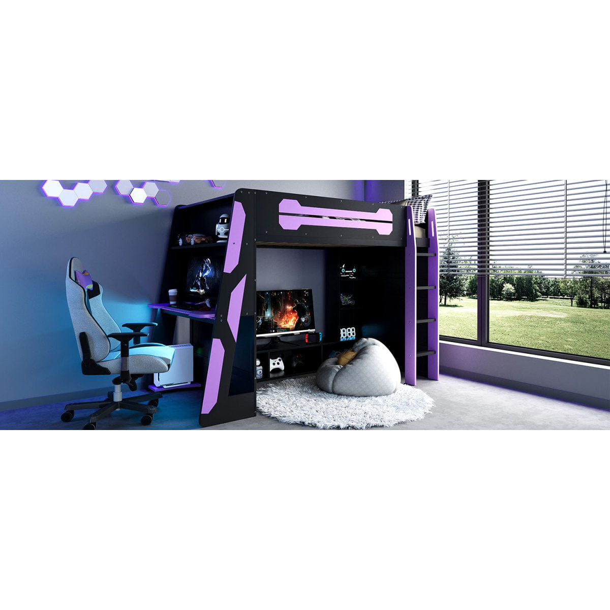 Purple Streamdale Twin Size Wood Loft Bed with Desk, Multi - storage Shelves and RGB Light, Purple