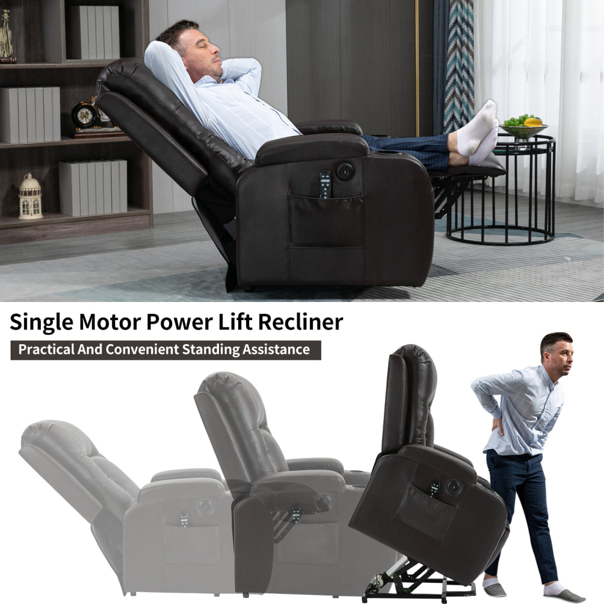 And Streamdale Power Lift Recliner Chair with Massage, Heating, and USB Port, Brown
