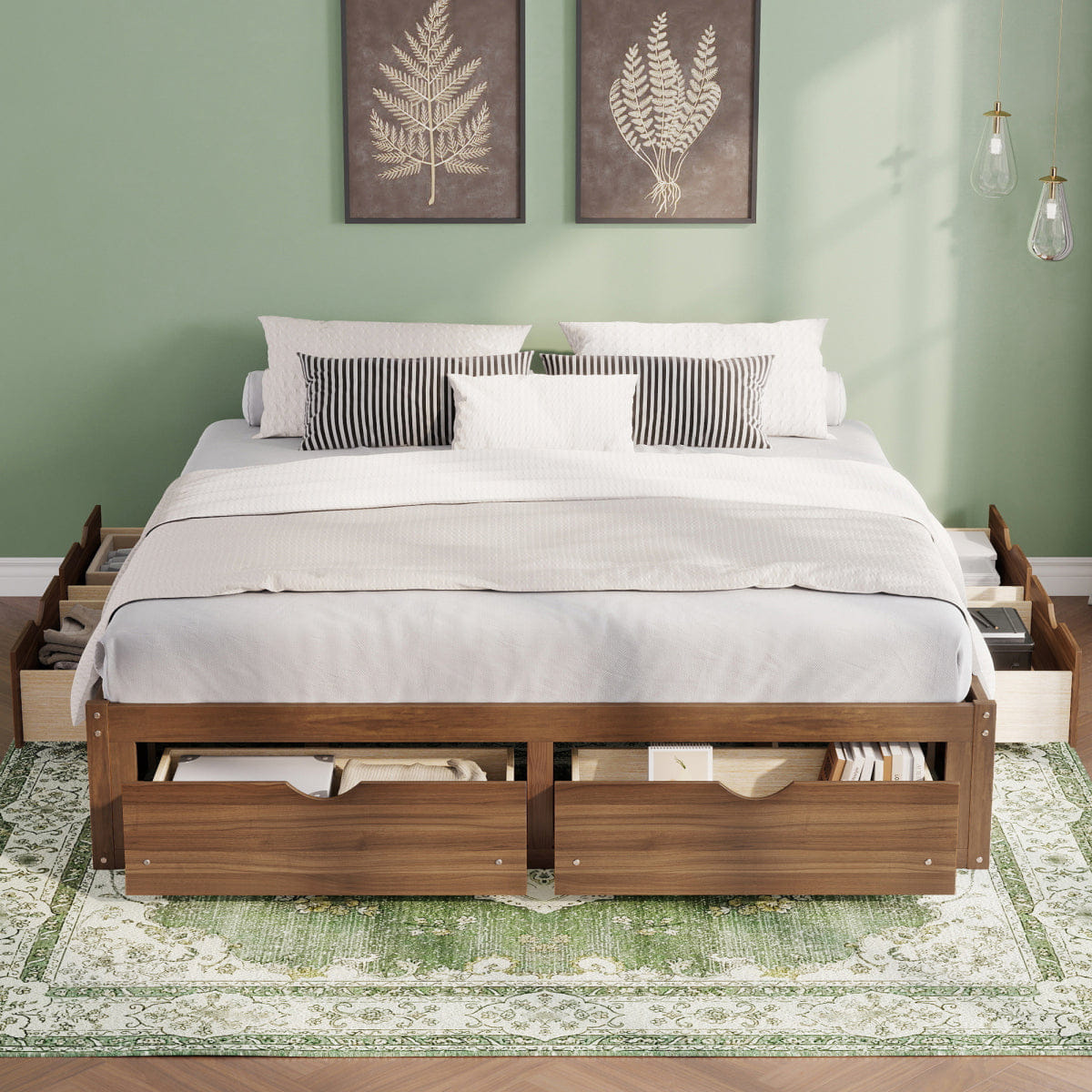 WOOD Streamdale King Size Platform Bed with 6 Storage Drawers,Pine Wood Storage Bed,Light Walnut