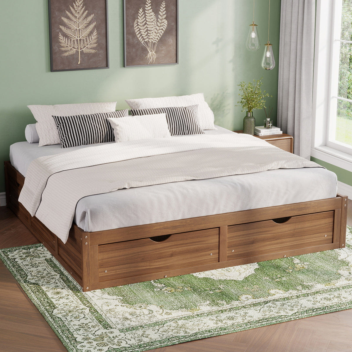 WOOD Streamdale King Size Platform Bed with 6 Storage Drawers,Pine Wood Storage Bed,Light Walnut
