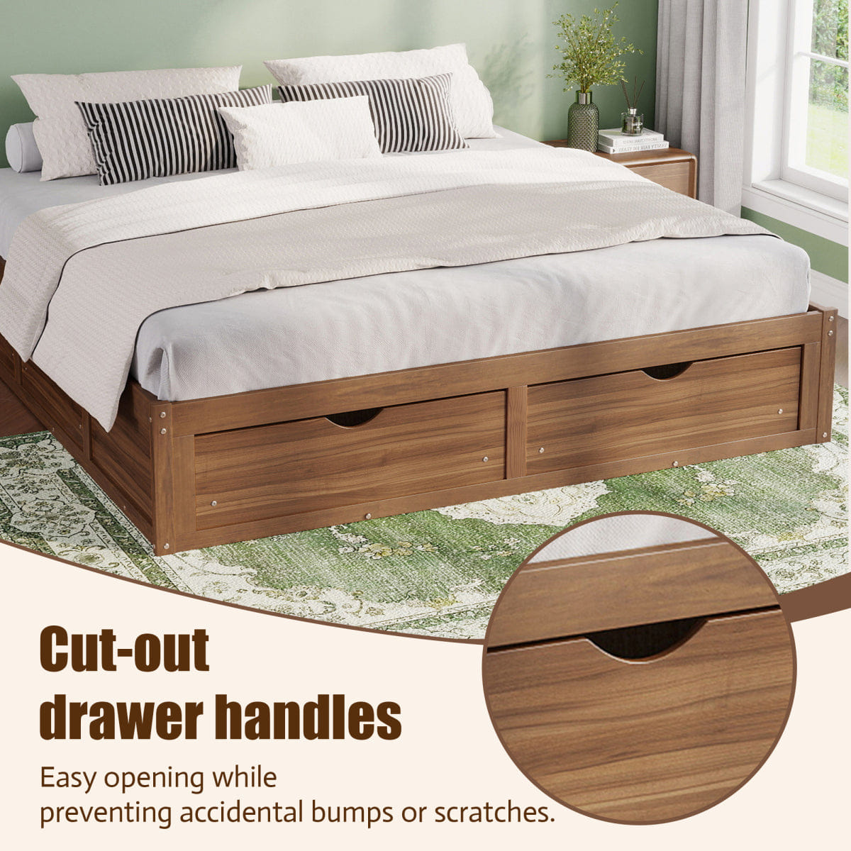 WOOD Streamdale King Size Platform Bed with 6 Storage Drawers,Pine Wood Storage Bed,Light Walnut