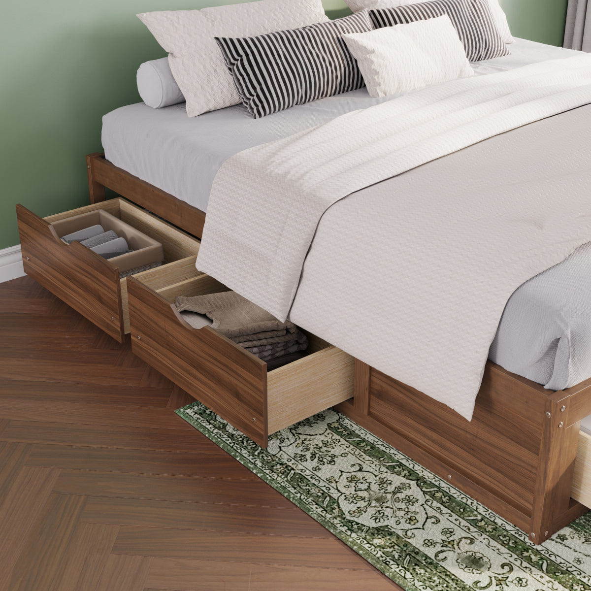 WOOD Streamdale King Size Platform Bed with 6 Storage Drawers,Pine Wood Storage Bed,Light Walnut