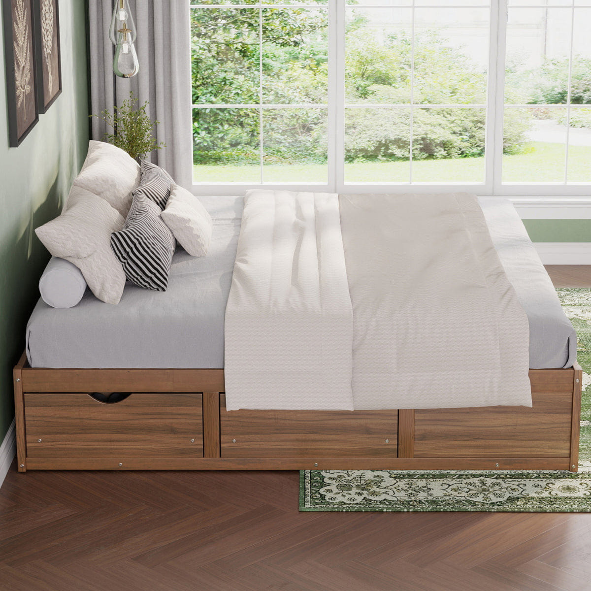 WOOD Streamdale King Size Platform Bed with 6 Storage Drawers,Pine Wood Storage Bed,Light Walnut