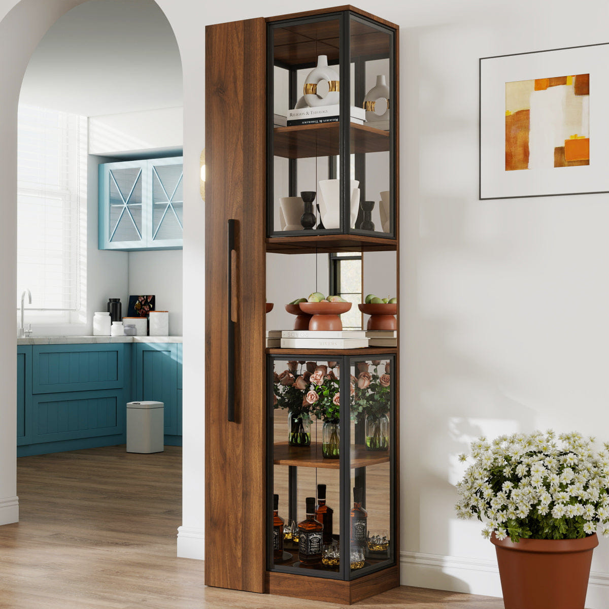 And Streamdale 70" Glass Door Display Cabinet with Lights and Pull - Out Multi - Tier Storage Shelf