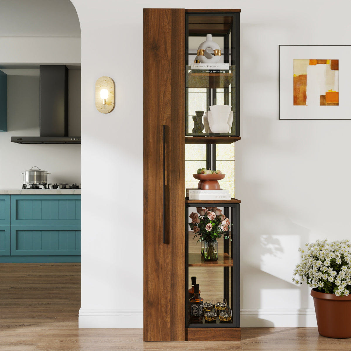 And Streamdale 70" Glass Door Display Cabinet with Lights and Pull - Out Multi - Tier Storage Shelf