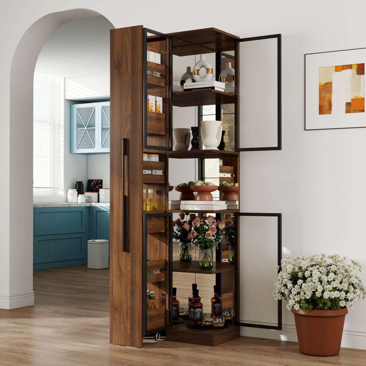 And Streamdale 70" Glass Door Display Cabinet with Lights and Pull - Out Multi - Tier Storage Shelf