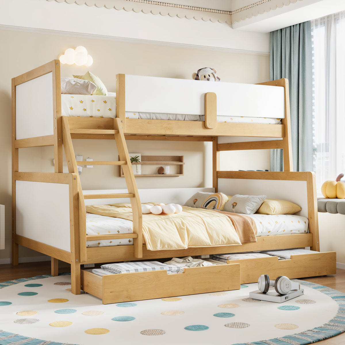 WHITE* Streamdale Twin over Full Wood Bunk Bed with Storage Drawers, White/Natural