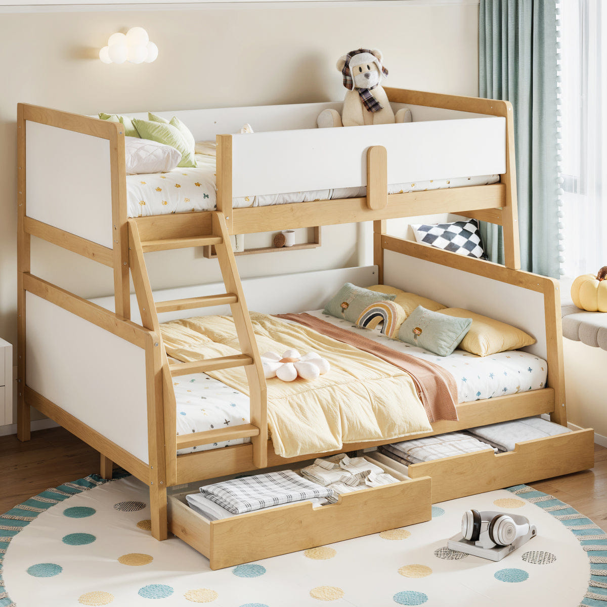 WHITE* Streamdale Twin over Full Wood Bunk Bed with Storage Drawers, White/Natural