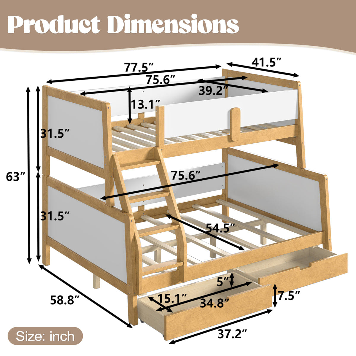 WHITE* Streamdale Twin over Full Wood Bunk Bed with Storage Drawers, White/Natural