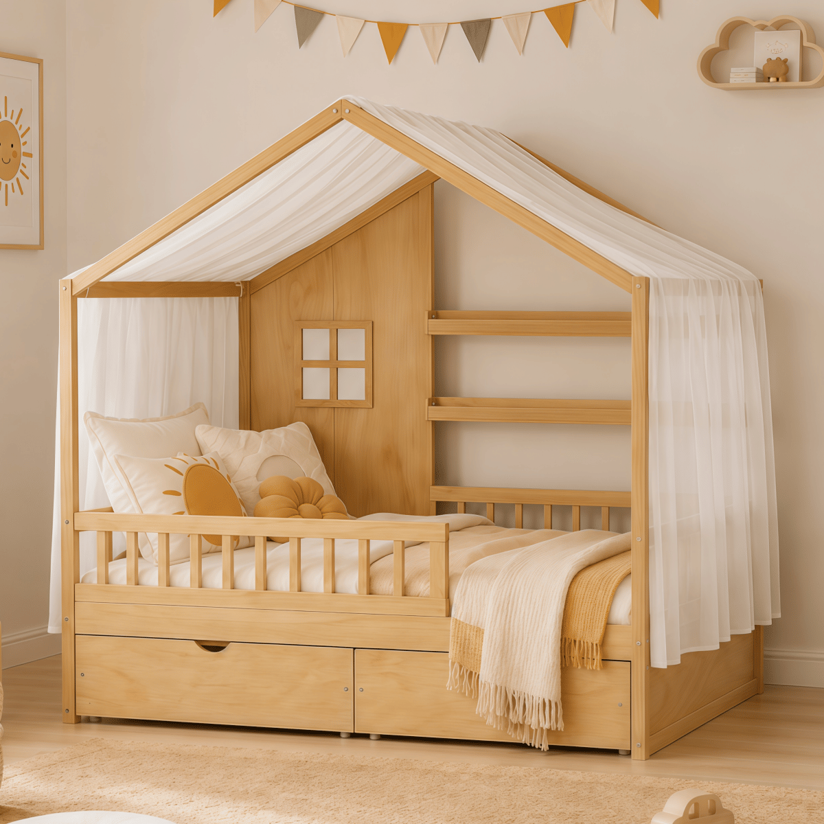 FLOOR Streamdale Montessori Kids Full Floor Bed with Roof, Guardrails & 2 Drawers, Natural