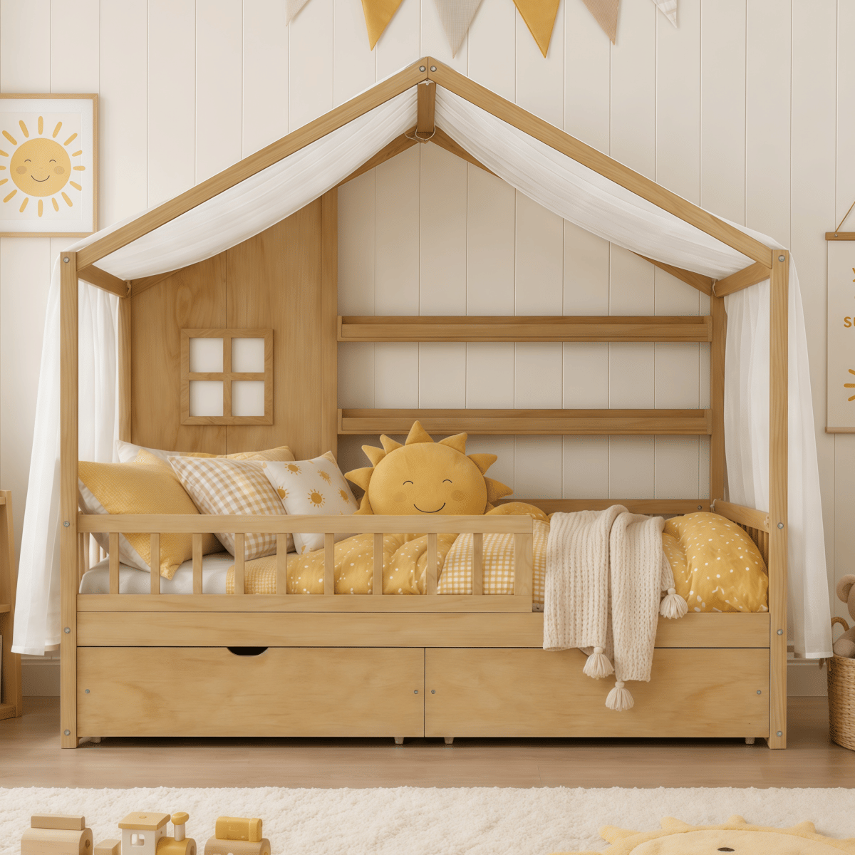 FLOOR Streamdale Montessori Kids Full Floor Bed with Roof, Guardrails & 2 Drawers, Natural