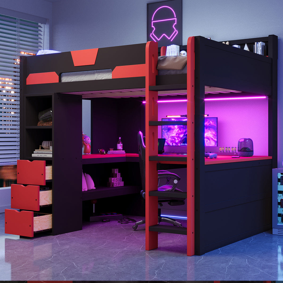 Loft Streamdale Full Size Wooden Gaming Loft Bed with Desk, RGB Lights & USB, Black/Red