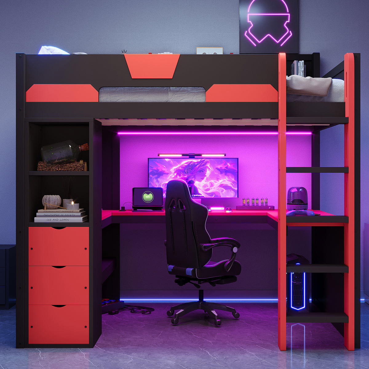 Loft Streamdale Full Size Wooden Gaming Loft Bed with Desk, RGB Lights & USB, Black/Red
