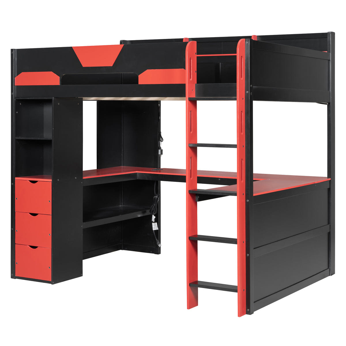 Loft Streamdale Full Size Wooden Gaming Loft Bed with Desk, RGB Lights & USB, Black/Red