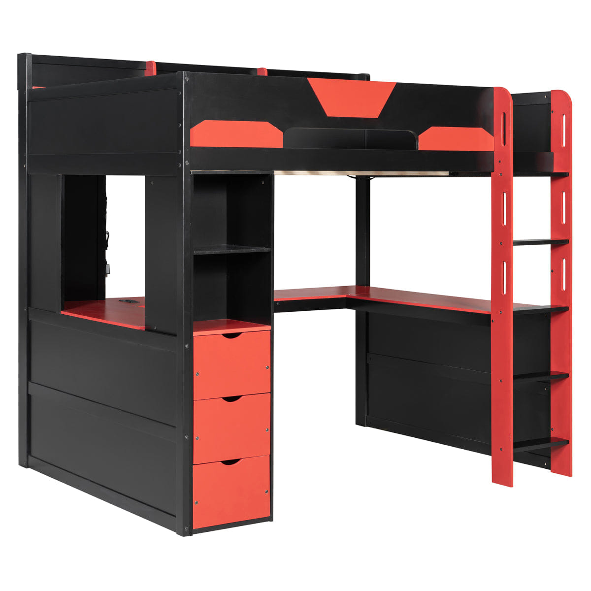 Loft Streamdale Full Size Wooden Gaming Loft Bed with Desk, RGB Lights & USB, Black/Red