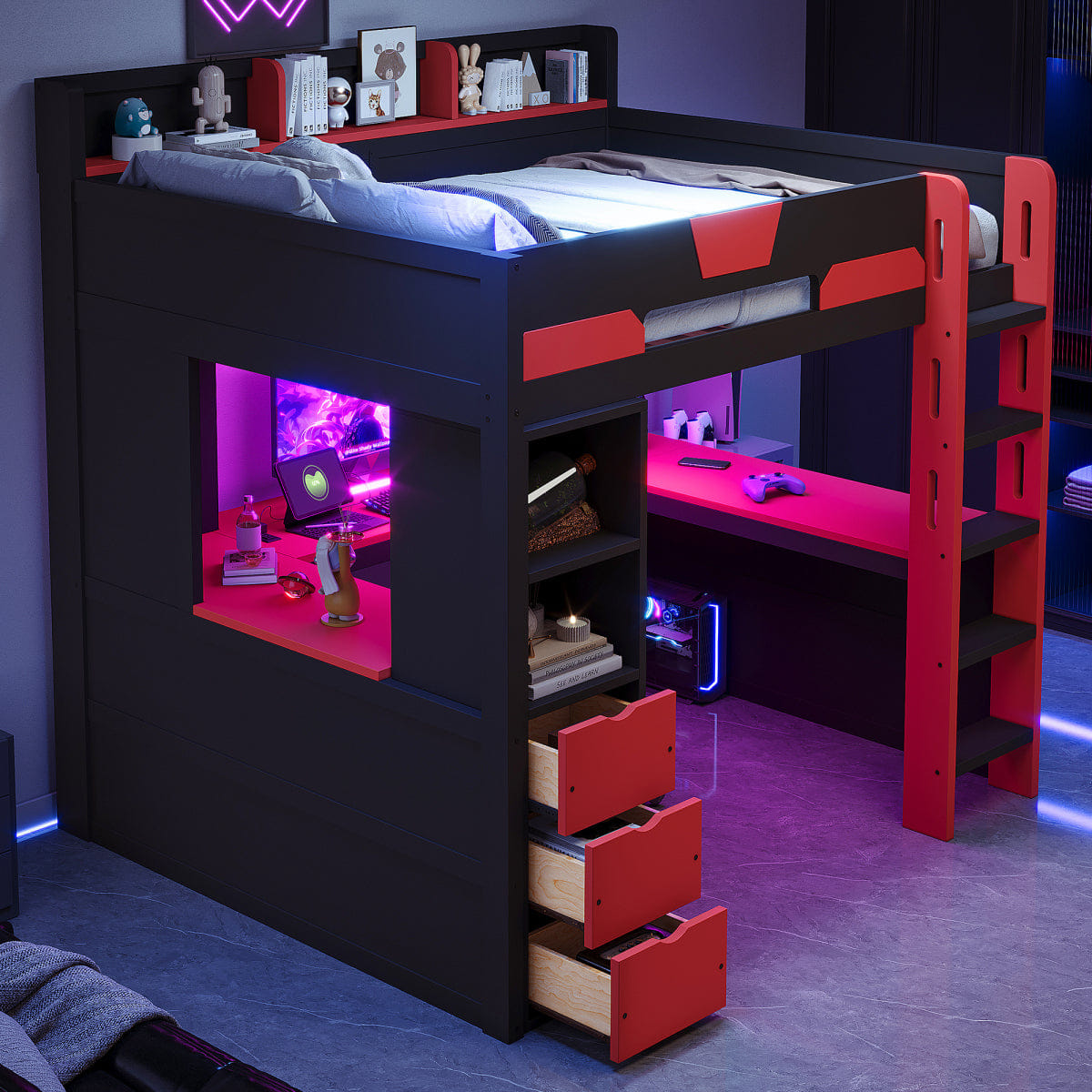 Loft Streamdale Full Size Wooden Gaming Loft Bed with Desk, RGB Lights & USB, Black/Red