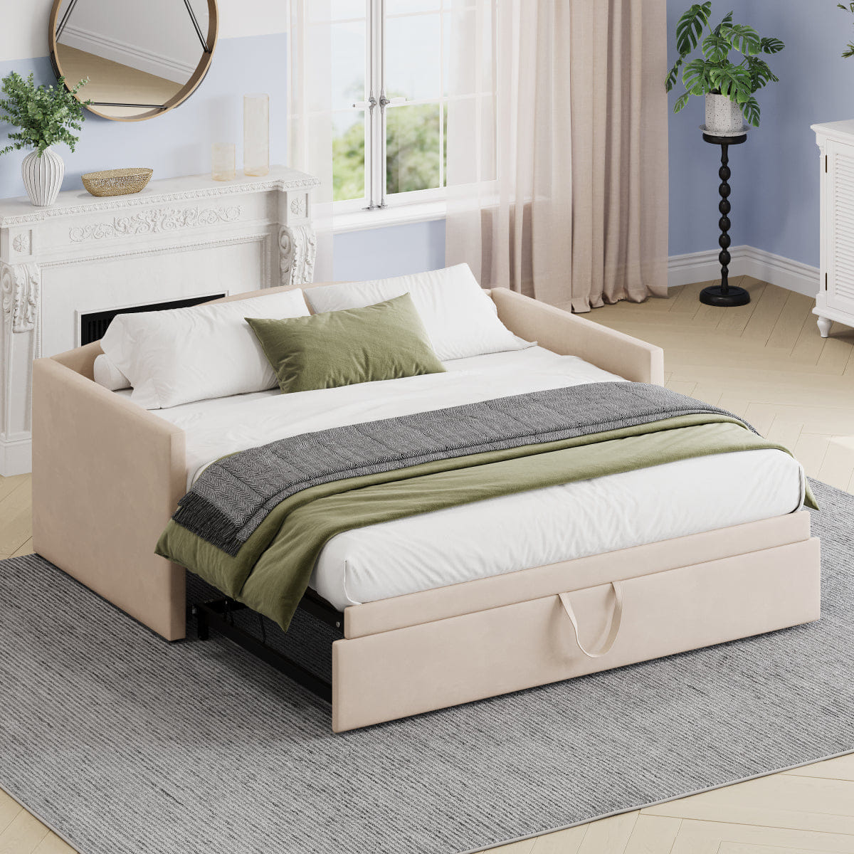 Velvet Streamdale Upholstered Twin Daybed with Pop - Up Trundle, Space - Saving Beige Velvet Sofa Bed