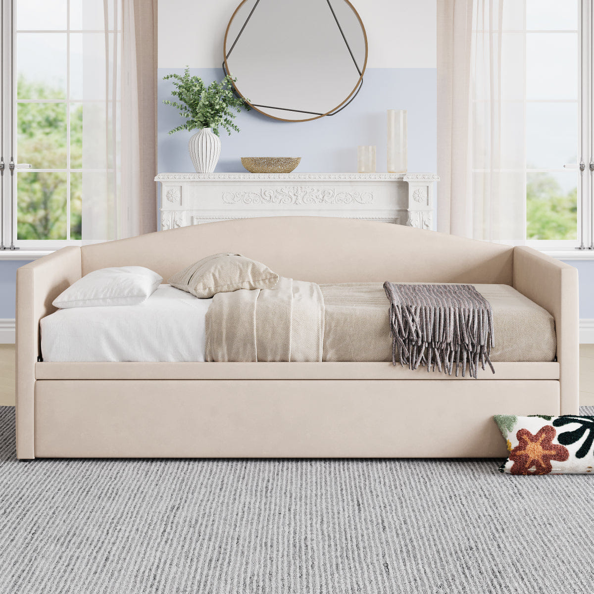 Velvet Streamdale Upholstered Twin Daybed with Pop - Up Trundle, Space - Saving Beige Velvet Sofa Bed