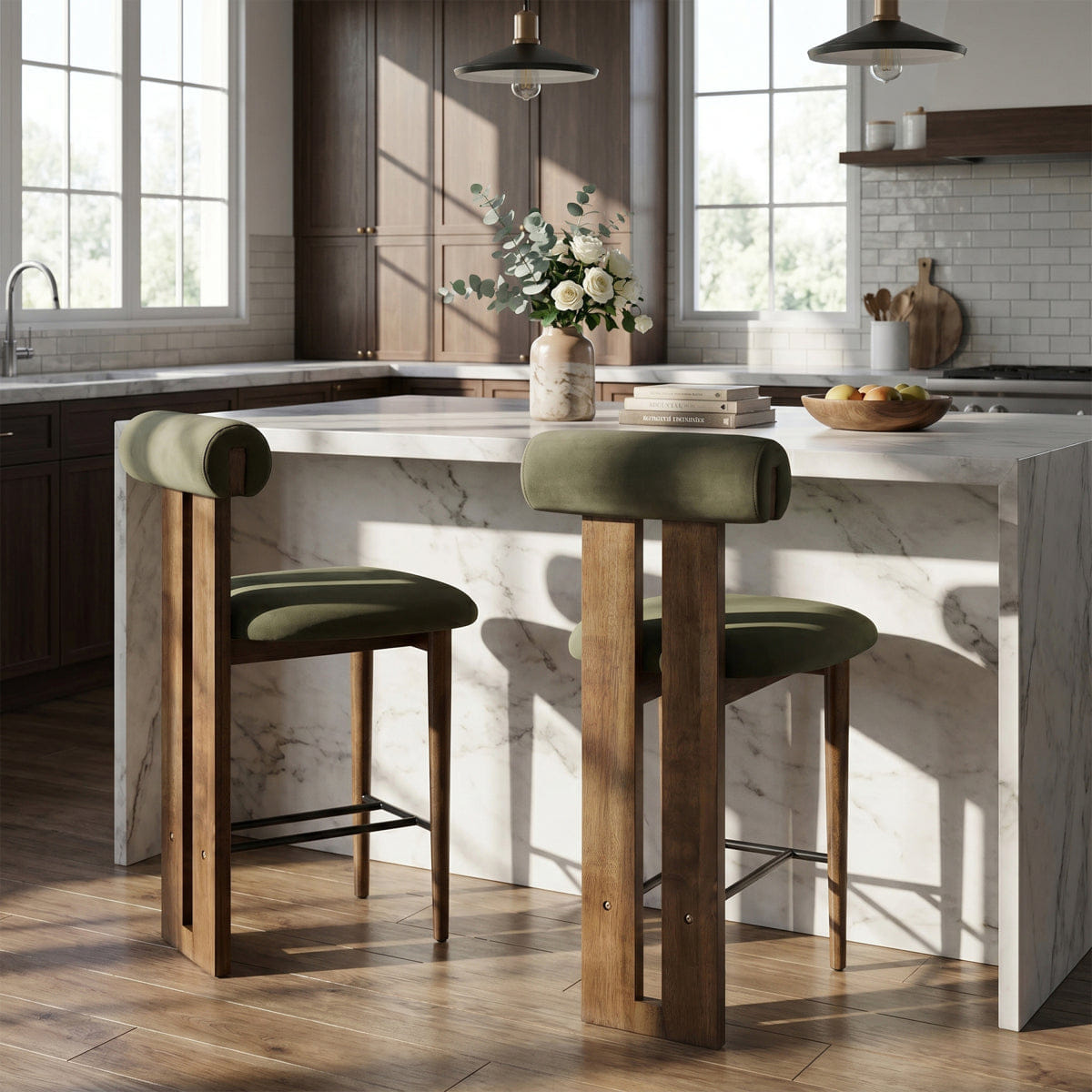 Back Streamdale Renee Modern Split - Back Counter Stool, Green/Dark Walnut, Set of 2