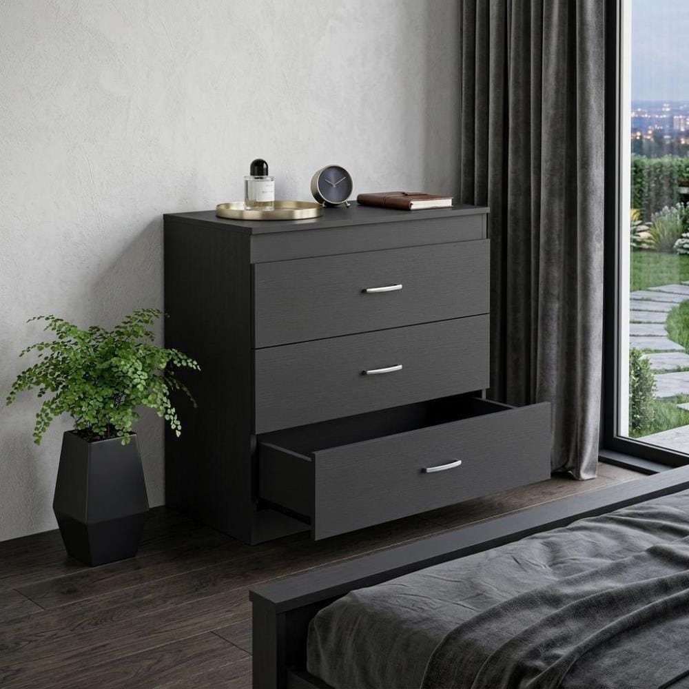 Drawer 31" Black Wood Three Drawer Dresser