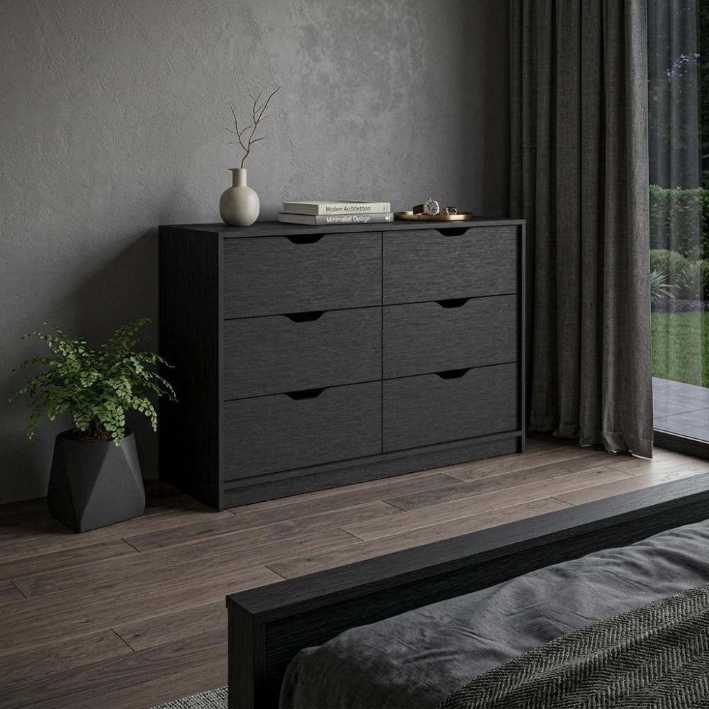 Drawer 42" Black Wood Six Drawer Double Dresser