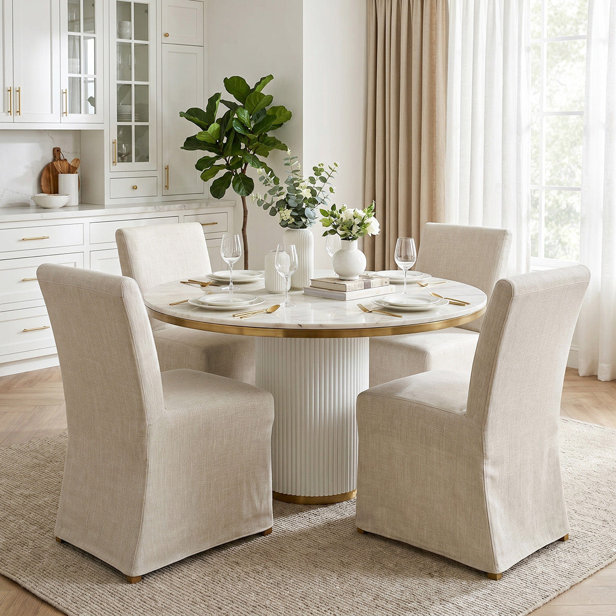 MAISON Set of 4 Beige Slipcover Dining Chairs, Modern Farmhouse Performance Textured Linen Parson Chairs with Skirted Design - Maison Boucle