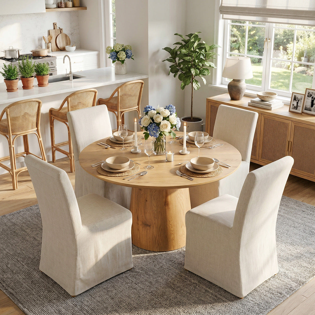 MAISON Set of 4 Beige Slipcover Dining Chairs, Modern Farmhouse Performance Textured Linen Parson Chairs with Skirted Design - Maison Boucle