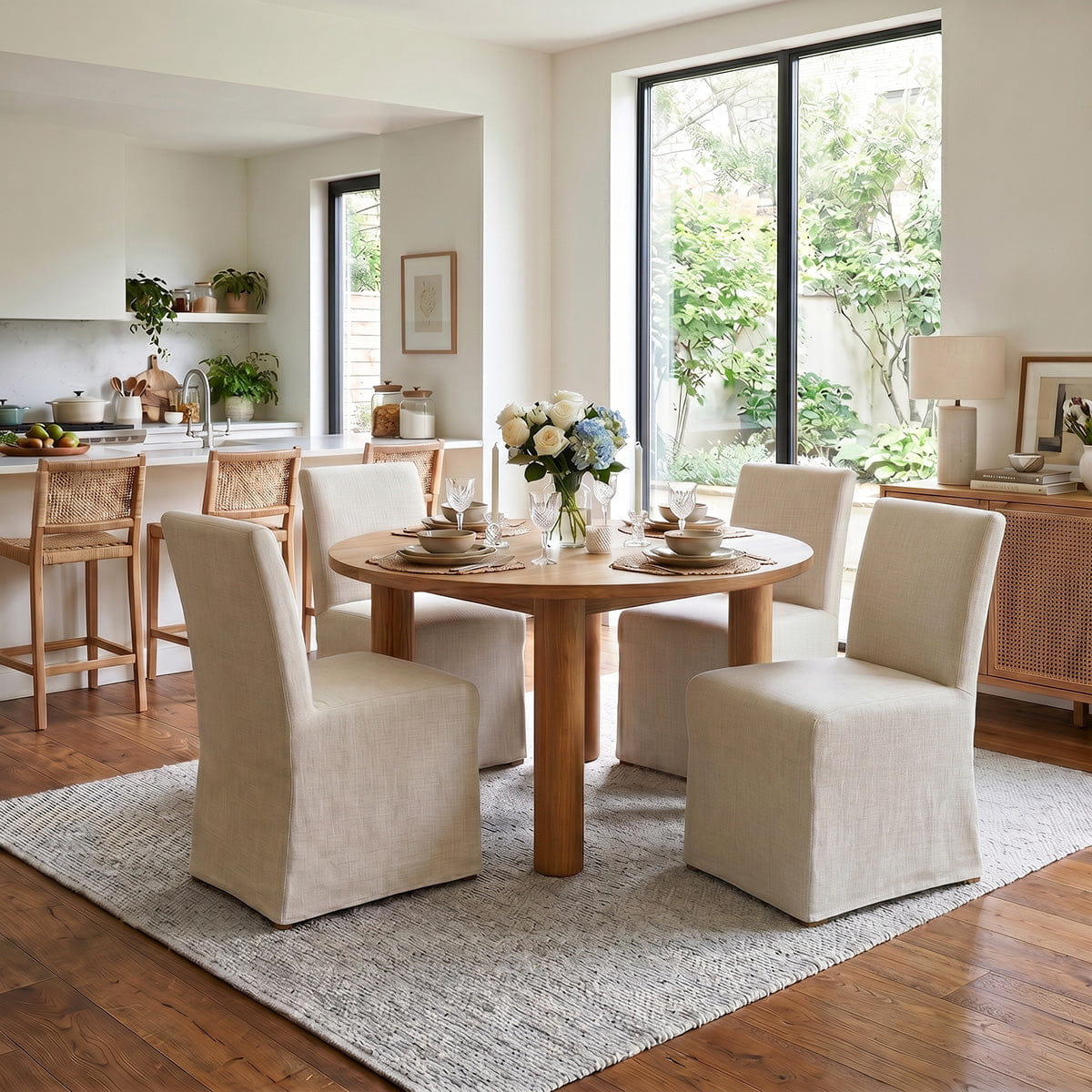 MAISON Set of 4 Beige Slipcover Dining Chairs, Modern Farmhouse Performance Textured Linen Parson Chairs with Skirted Design - Maison Boucle