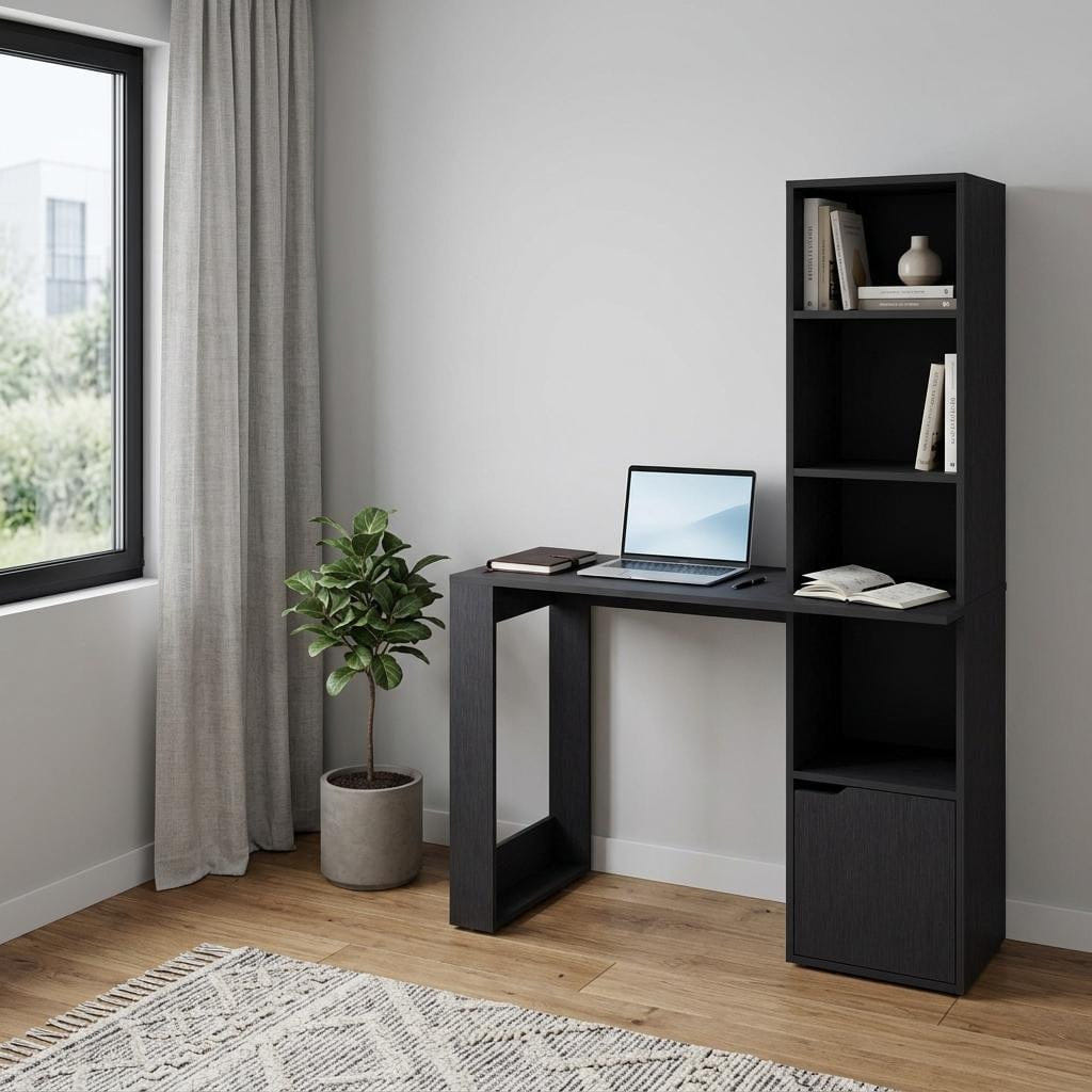 WOOD 39" Black Wood Pedestal Computer Desk With Hutch