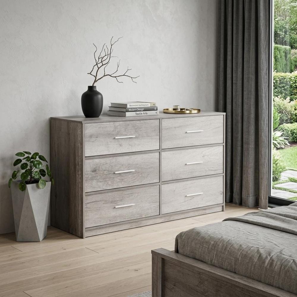 Drawer 45" Grey Fabric Wood and Steel Six Drawer Double Dresser