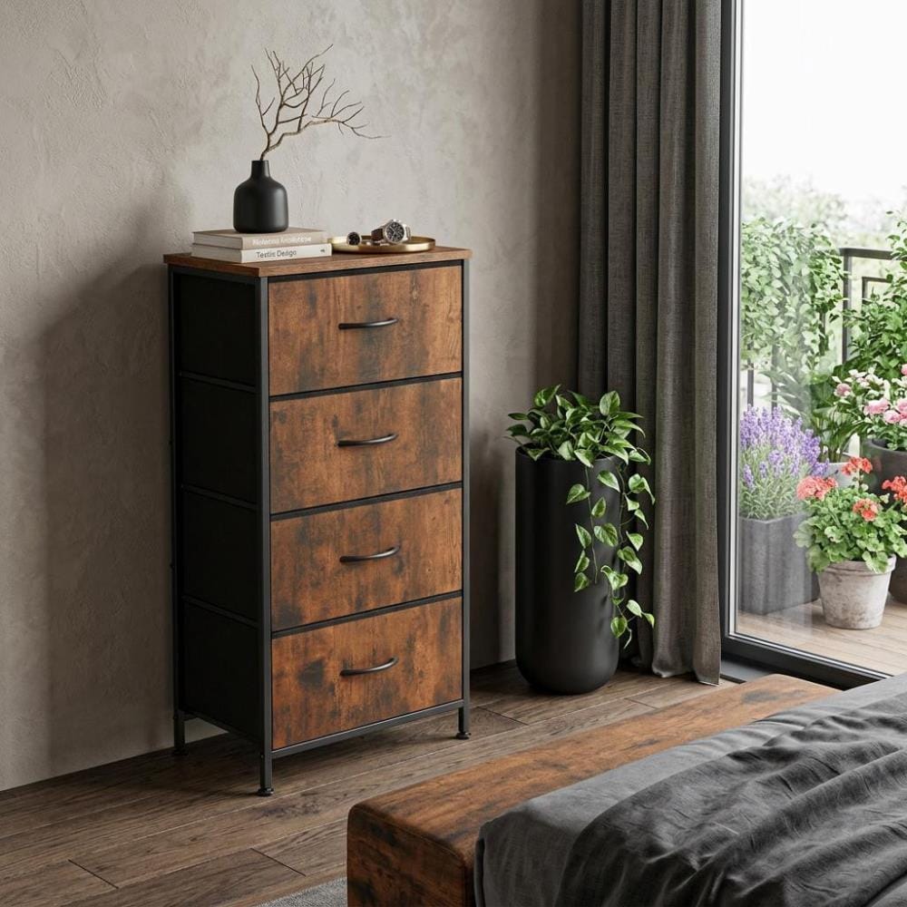 Drawer 18" Black And Brown Fabric Wood And Metal Four Drawer Dresser