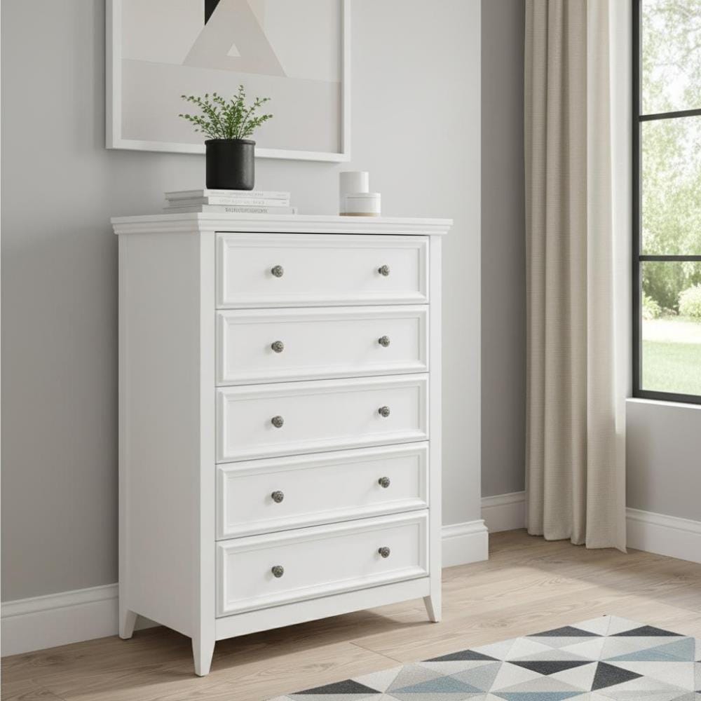 Drawer 32" White Wood Five Drawer Dresser