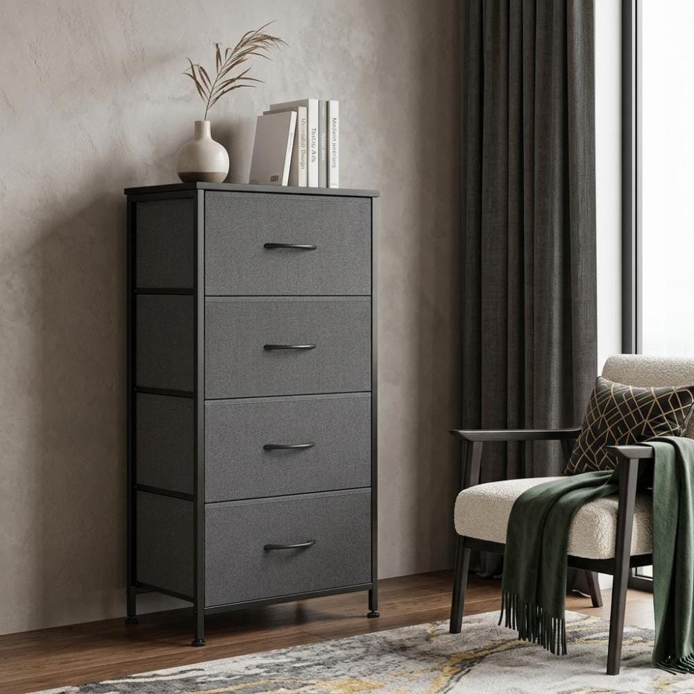 Drawer 18" Black And Grey Fabric Wood And Metal Four Drawer Dresser