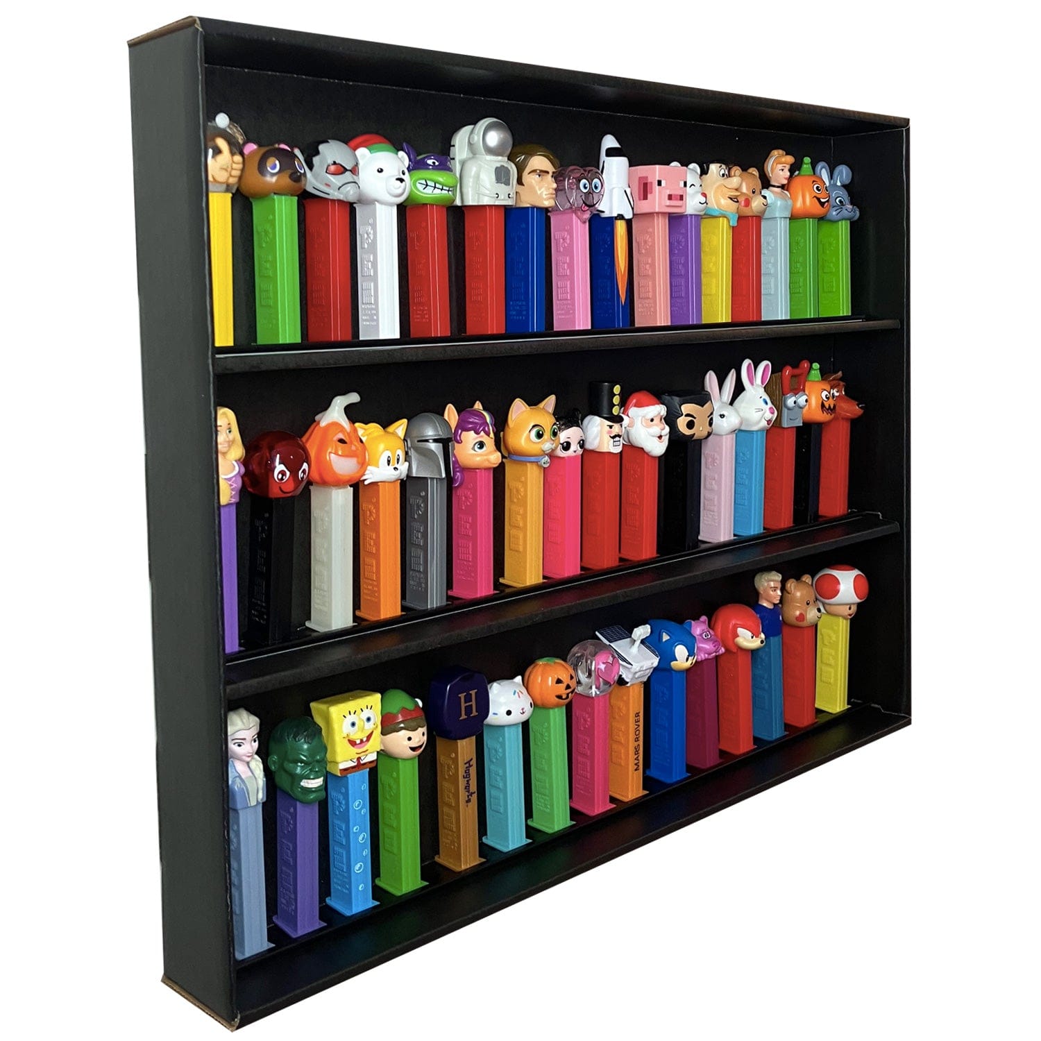 MK Kubbies KUBBIE PEZ (3 Row) - Display Case for Pez Candy Dispensers, Wall Mountable & Stackable Shelf (Cardboard)