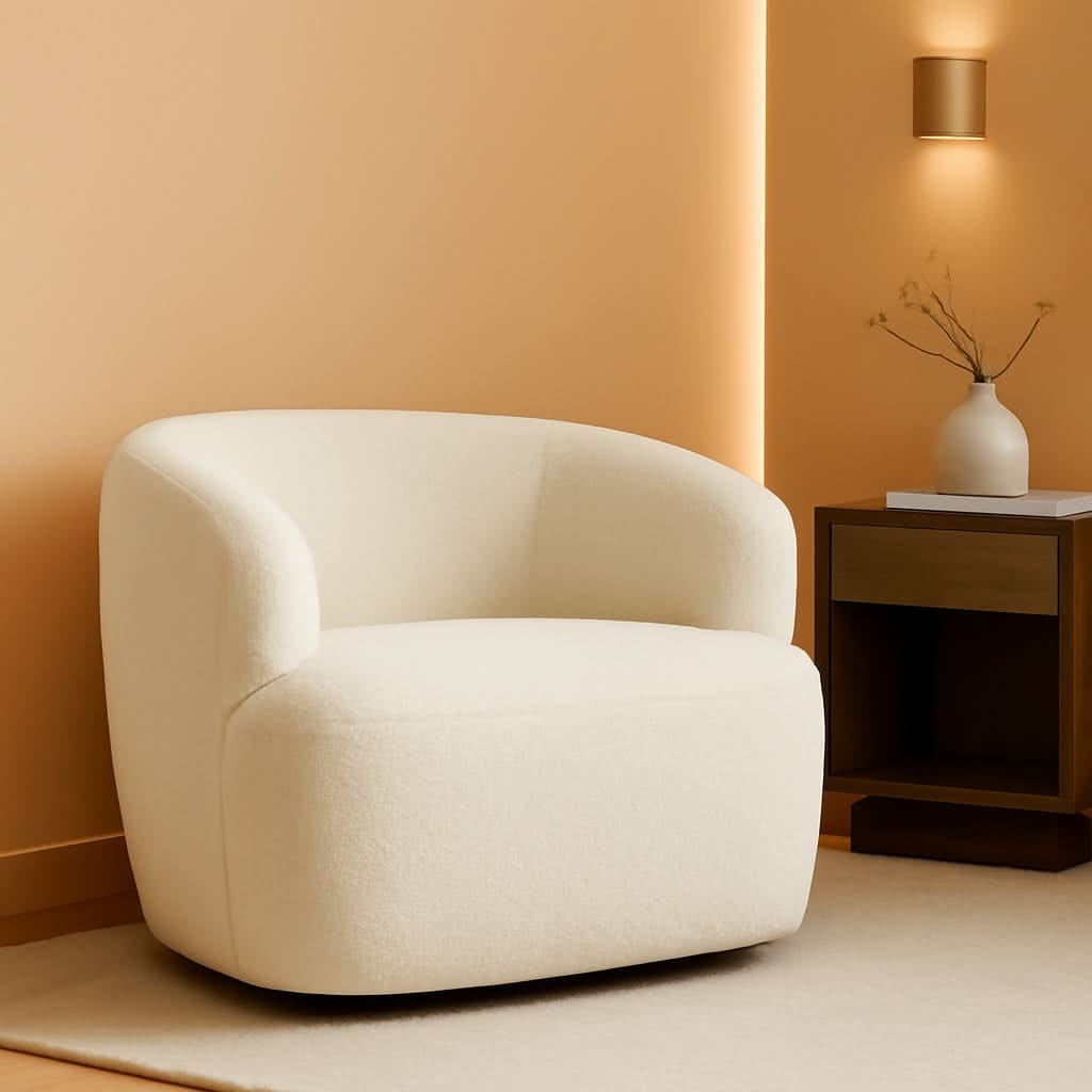 SHERPA Beige Sherpa Boucle Swivel Barrel Chair Deluxe Premium