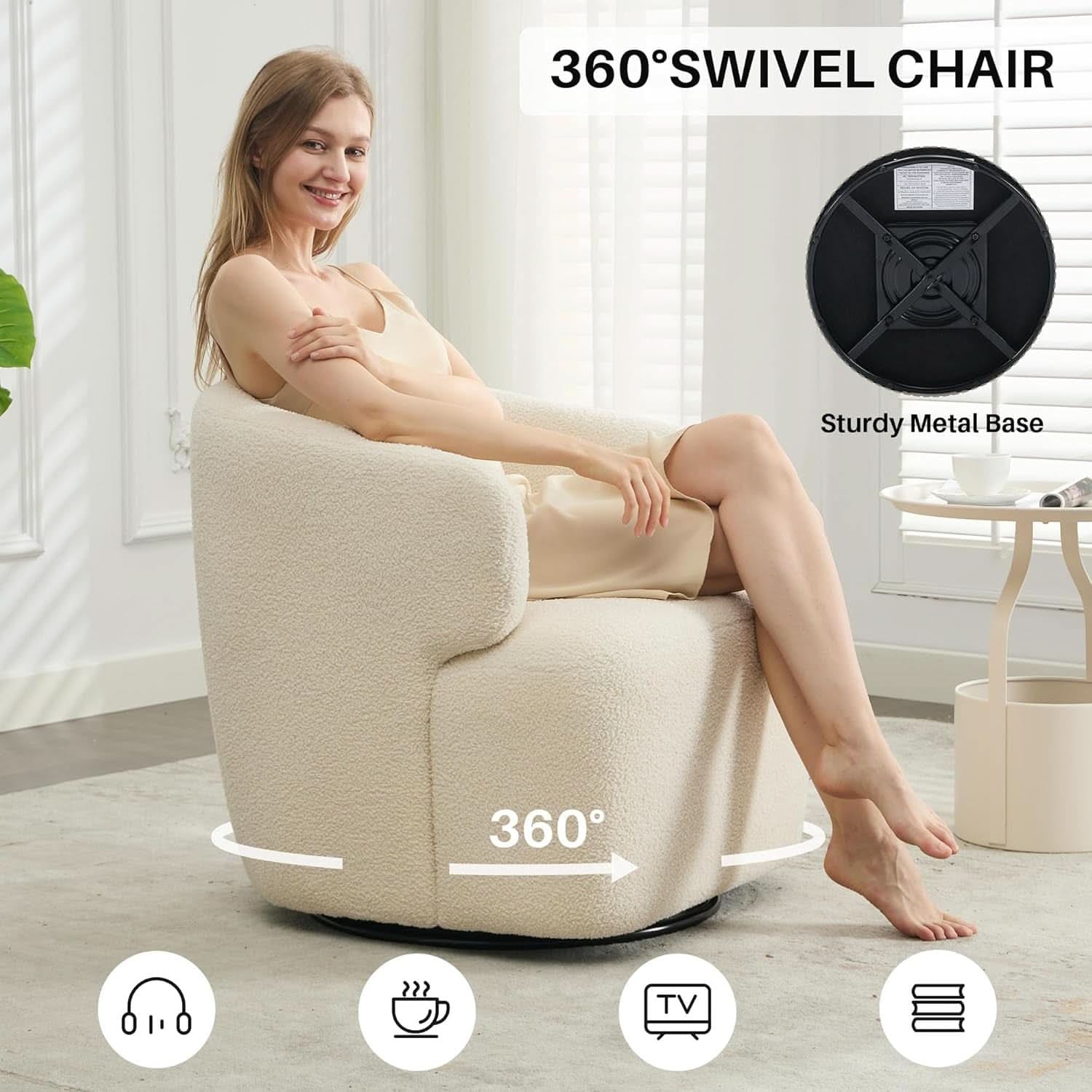 SHERPA Beige Sherpa Boucle Swivel Barrel Chair Deluxe Premium