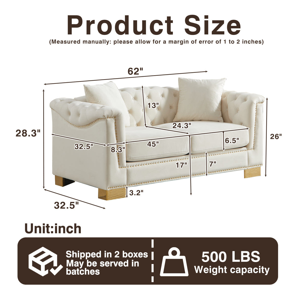 Chesterfield Streamdale Classic Modern Chesterfield Velvet 62" Two - Seater Sofa, Beige